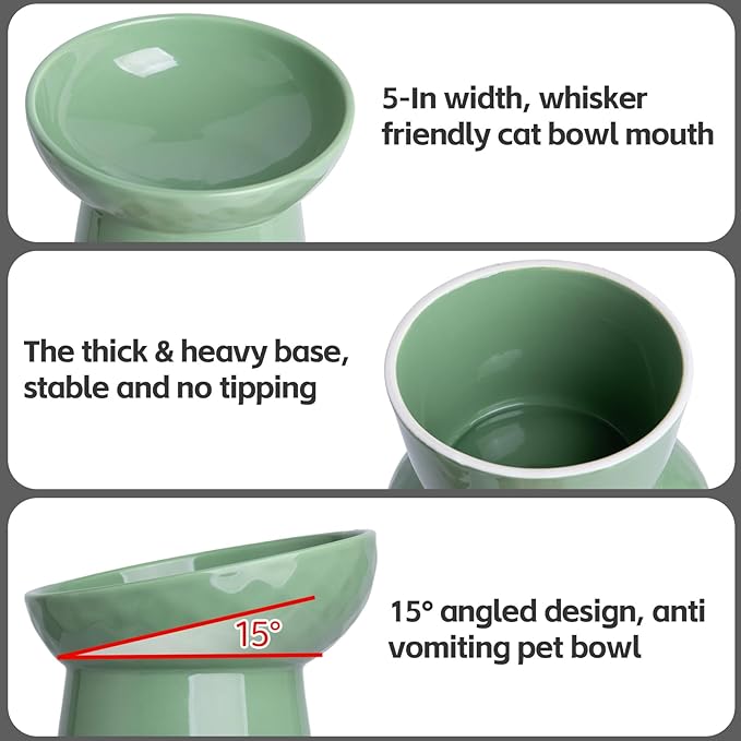 YauYik Raised Cat Bowl, Elevated Cat Food Bowls with Tilted Angle, Stress Free, Anti Vomiting, Ceramic Water Bowl for Cats Small Dogs Feeding Dish, 8 Ounces (Green-1)