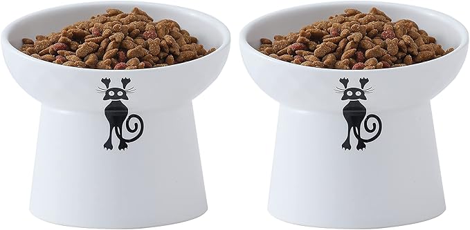 OMAYKEY Ceramic Raised Cat Bowls, Tilted Elevated Cat Food and Water Bowls Set, Porcelain Stress Free Pet Feeder Bowl Dish for Cats and Small Dogs, Dishwasher and Microwave Safe - White, Set of 2