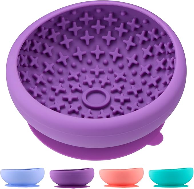 Dog Lick Bowl Slow Feeder with Slanted Anti-Spill Design, Extra-Thick Bite-Resistant Rim, Strong Suction Base, Freezer Safe for Frozen Treats — A Cleaner Alternative to Lick Mats for Dogs (Purple)