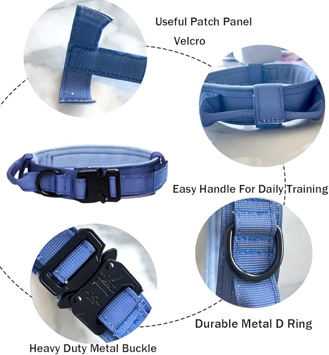 Xqpetlihai Tactical Dog Collar and Leash Set Adjustable Military Nylon Dog Collar with Control Handle and Heavy Duty Metal Buckle for Large Dogs （Dark Blue L