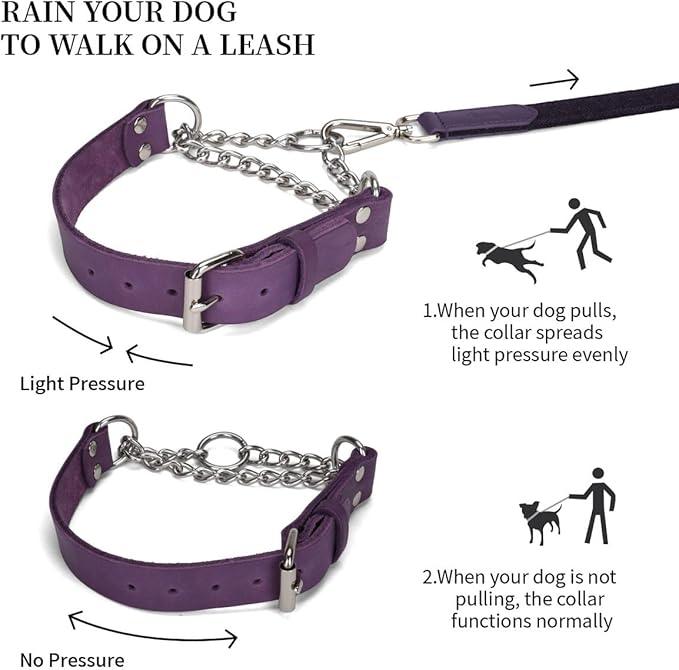 Martingale Collar for Dogs No-Pull Adjustable Training Collar with Stainless Steel Chain - Genuine Leather Anti-Slip Design for Small,Medium,Large Breed Dogs - Purple (L)