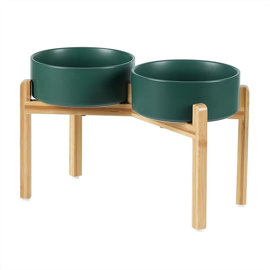 Ceramic Raised Double Bowls Set with Stand, Food & Water Bowls for Large Breed Dogs, Weighted Dog Dishes, Pet Bowl(8.2'',60OZ, Green)