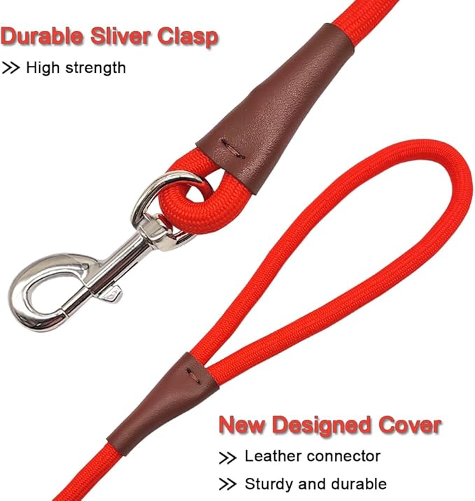 MayPaw 4/6 /8/10 FT Dog Leash, Classic Solid Colors, Strong Nylon Rope Dog Leash Reinforced with Leather Tailor Connection Heavy Duty Silver Clasp (red, 10ft*1/2")
