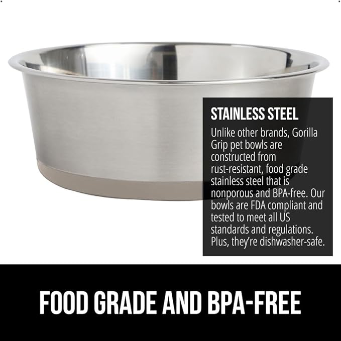 GORILLA GRIP Dog Bowls, Holds 4 Cups Each (32 fl oz), Heavy Duty Stainless Steel Food and Water Bowl for Feeding Dogs and Cats, Dishwasher Safe, Rust Resistant, BPA Free Rubber Base, Set of 2 Beige