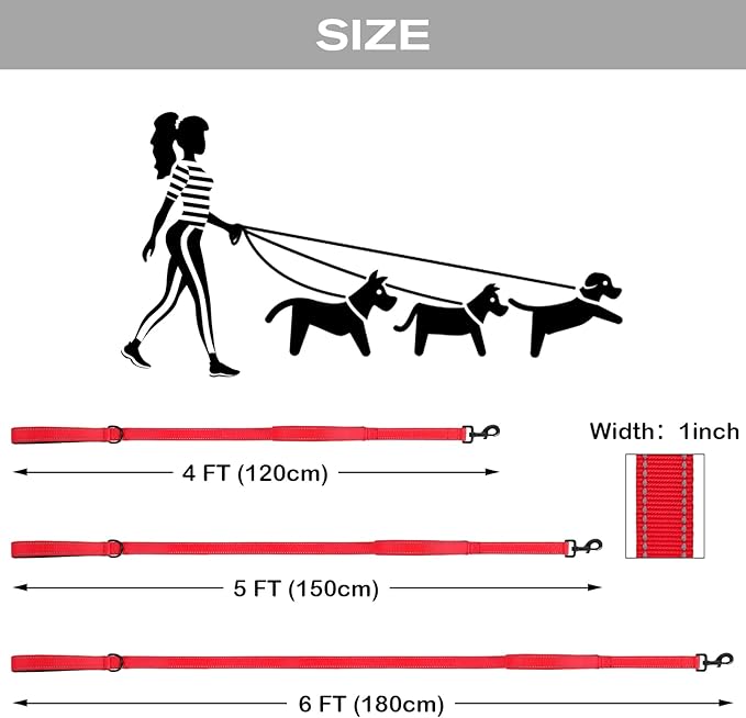 Joytale Dog Leash Heavy Duty for Large Dogs That Pull, Double Handle for Traffic Control, Double-Sided Reflective Leashes for Large Medium Dogs Night Safety, 6FT, Red