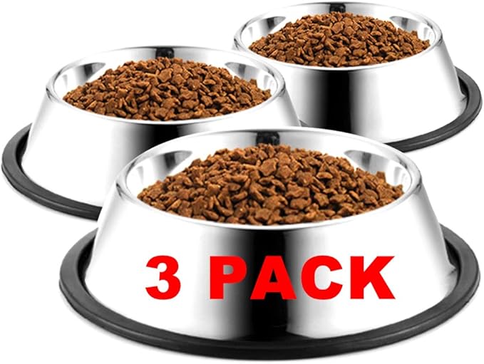 Stainless Steel Dog Bowls, 1.5 Cup/12oz Cat Bowl Water and Food with Rubber Base, Pet Bowls for Small Dogs, Cats, Puppy, Rabbit and Kitten, 3Pack