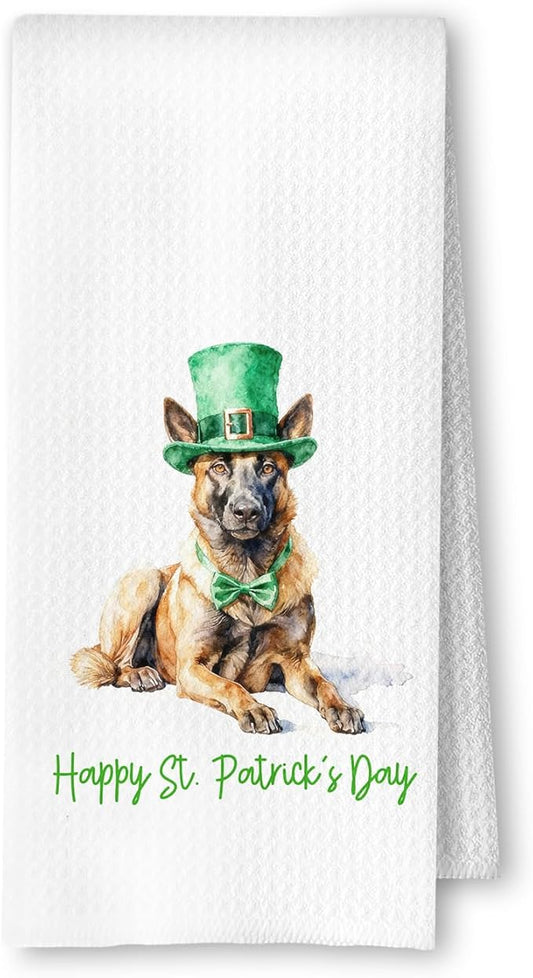 St. Patrick's Day Belgian Malinois Kitchen Towels, Belgian Malinois Gifts Dish Tea Towel for Kitchen, Irish Leprechaun Hat Dog Hand Towels for Bathroom Decor, 16x24 Inches