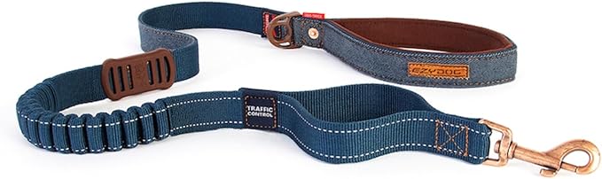 EzyDog Zero Shock Dog Leash - Shock Absorbing Bungee Leash for Dogs That Pull or Excite - Dual Handle and Reflective for Large, Medium, or Small Dogs (72-Inch, Denim)