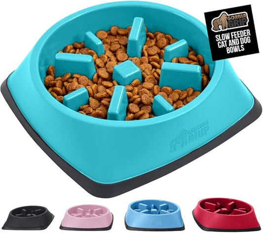 GORILLA GRIP Patented BPA Free Slow Feeder Dog Bowls, 4 Cup Interactive Puzzle Toy for Dogs and Cats Food Training Enrichment, Keeps Pets Busy and Prevents Puppy Overeating, Large Breeds, Turquoise