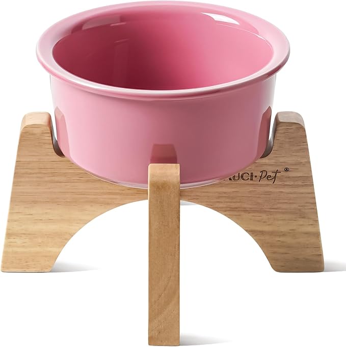 Raised Ceramic Dog Bowl with Wooden Stand, 6.5 Inch Elevated Feeder for Small & Medium Breeds, Pink, Set of 1