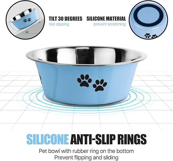 Stainless Steel Dog Bowls, Nonslip Rubber Bottom No Spill Proof Skid Metal Insulated Dog Bowls for Large Medium Small Breed Dogs (Blue, 6.6 Cups/53 OZ)