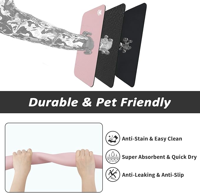 Dog Food Mat - Absorbent Cat Mat for Food and Water, No Stains Pet Feeding Bowl Mat, Easy to Clean Pet Placemats, Quick Dry Dog Water Dispenser Mat for Messy Drinkers | Paw Pink 18"x34"