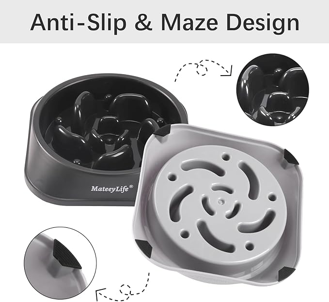 MateeyLife Slow Feeder Dog Bowls 2PCS, Anti-Choking Puzzle Dog Food Bowls, Anti-Slip Interactive Feeding Slow Down Eating, Bloat Stop Maze Dishes for Medium Large Breeds Gray&Black