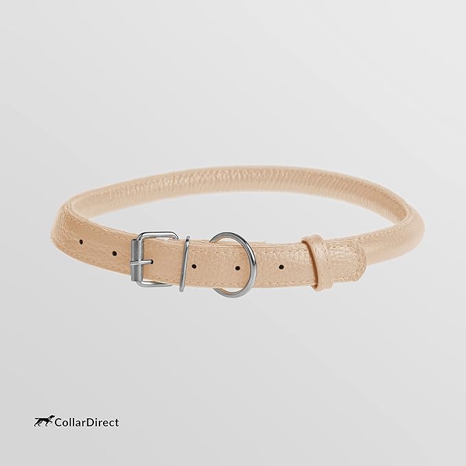 CollarDirect Rolled Leather Dog Collar, Soft Padded Round Puppy Collar, Handmade Genuine Leather Collar Dog Small Large Cat Collars 13 Colors (18-22 Inch, Beige Textured)