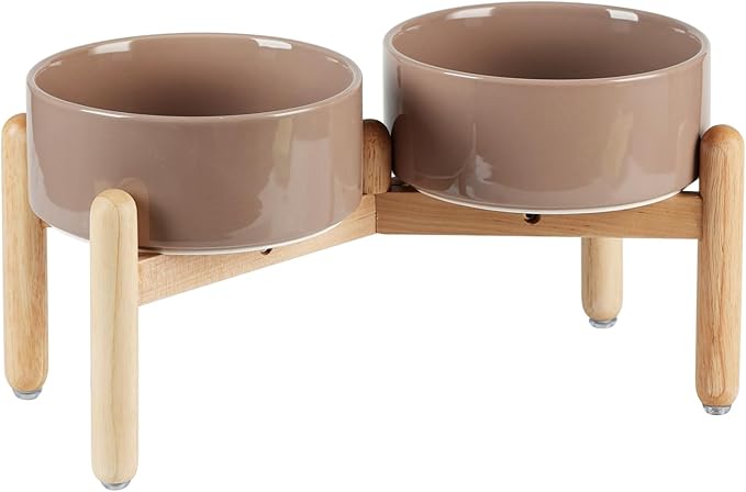 Ceramic 7.3inch Raised Double Bowls Set with Wooden Stand, Food & Water Bowls for Medium Breed Dogs, Weighted Dog Dishes, Pet Feeder(Brown Coffee)