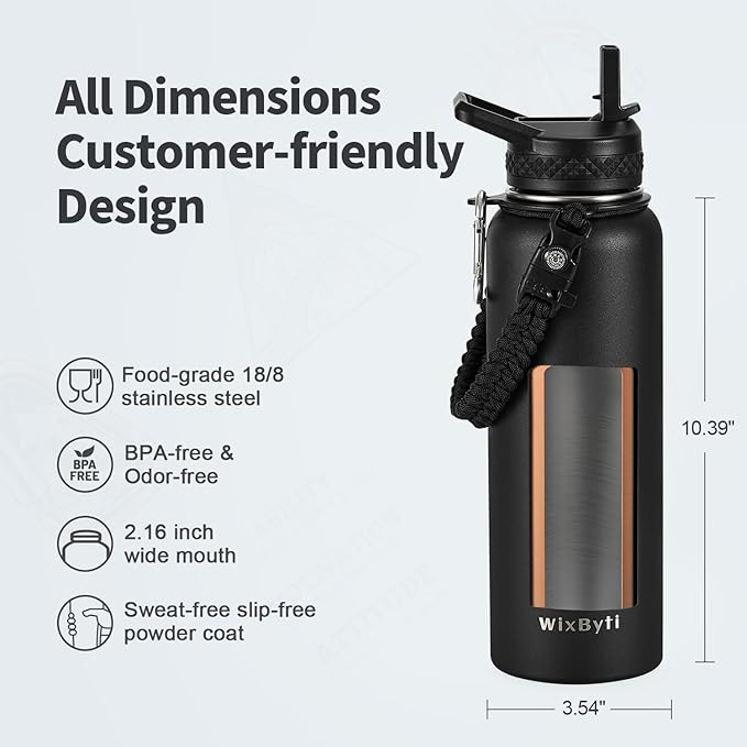 40 oz Insulated Water Bottle with Straw (Cold for 48 Hrs), Stainless Steel Triple Wall Vacuum Sports Water Jug, Leakproof Hydro Cup Flask with Paracord Handle & Straw Spout Lids & DIY Stickers