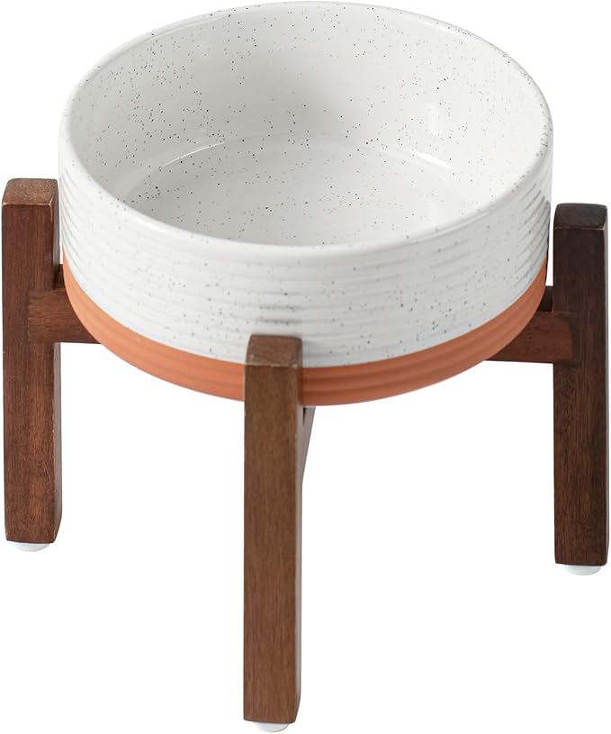 Ceramic 7.3inch Raised Dog Bowl Set, Elevated with Acacia Wood Stand, Food and Water Bowl for Medium Breed Dogs, Weighted Pet Dishes(41oz, Vanilla White)