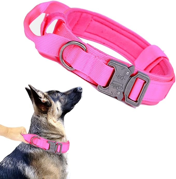 Xqpetlihai Tactical Dog Collar Adjustable Military Nylon Dog Collar with Control Handle and Heavy Duty Metal Buckle for Medium and Large Dogs (Pink,XXL)