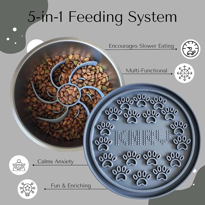Slow Feeder Dog Bowls with Premium Accessories | Slow Feeder Insert & Silicone Lick Mat Lid - Heavy Duty, Stainless Steel Dog Bowl | Non-Slip & Durable, 64 oz | Medium to Large Dogs (Steel Gray)