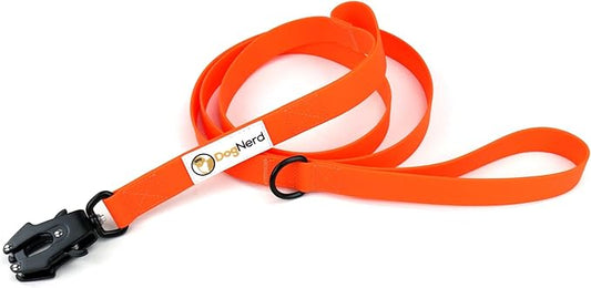 6ft Blaze Orange Dual Handle Silicone Tactical Dog Leash for Medium, Large, Giant Breeds | Quick Release Swivel Clip Carabiner | Coated Nylon Heavy Duty | Strong Puller | Training Leashes