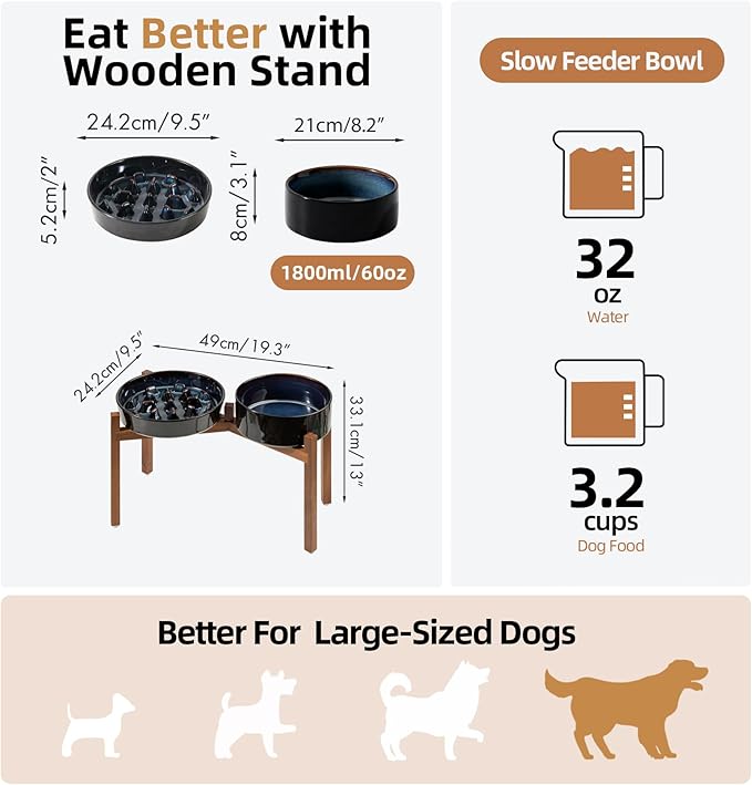 Ceramic 3.2 Cup Raised Slow Feeder Dog Bowl Set, Elevated 8.2inch Bowl and 9.5inch Slow Feeder Dish with Acacia Wood Stand for Large Dog (2 x Starry Sky+ Stand)