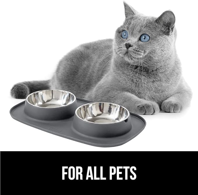 GORILLA GRIP Feeding Mat Set, 3 Cup, Patent Pending 100% Waterproof BPA Free Silicone, Stainless Steel Cat and Dog Bowls, Slip Resistant, High Edges Catch Water Food, US Designed Pet Accessories, Gray