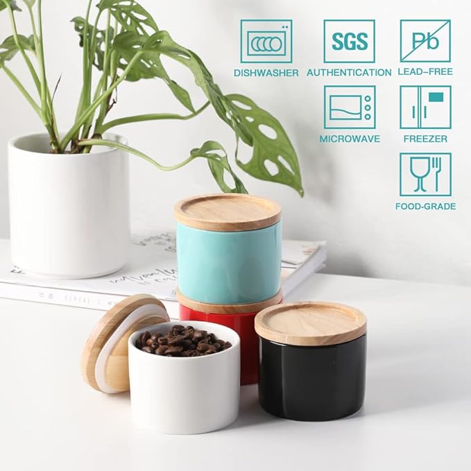 Sweejar Kitchen Canisters Ceramic Food Storage Jar, Stackable Containers with Airtight Seal Wooden Lid for Serving Ground Coffee, Tea, Sugar, Spice and More - 5 Fl Oz(Black)