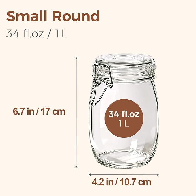 ComSaf Airtight Glass Canister Set of 3 with Lids 34oz Food Storage Jar Round - Storage Container with Clear Preserving Seal Wire Clip Fastening for Kitchen Canning Cereal,Pasta,Sugar,Beans,Spice