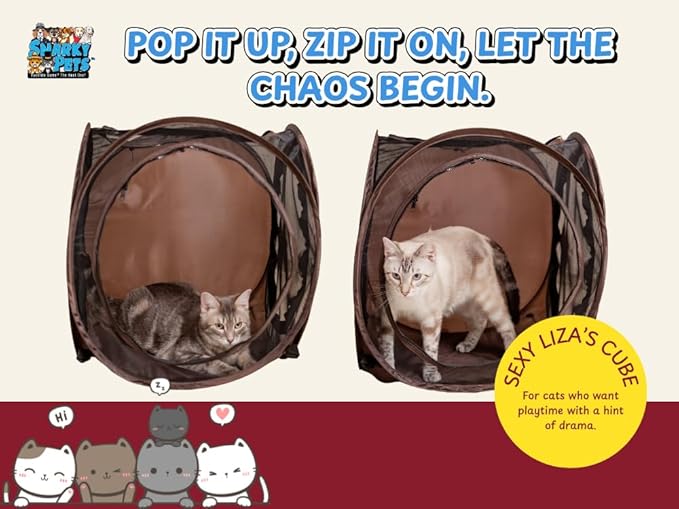 Sexy Liza’s Pop Up Tent Cat Cube - 24x22x20” Play Tent w/ 14” Hole - Connects with Snarky Pets Timmy & Mister’s Tunnel - Outdoor Cat Tent, Play Pen, Zip Connect, Outdoor cat House or Small Dog Bed