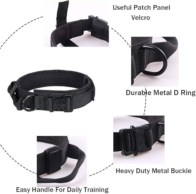 Xqpetlihai Tactical Dog Collar Adjustable Military Nylon Dog Collar with Control Handle and Heavy Duty Metal Buckle for Medium and Large Dogs (Black,XXL)