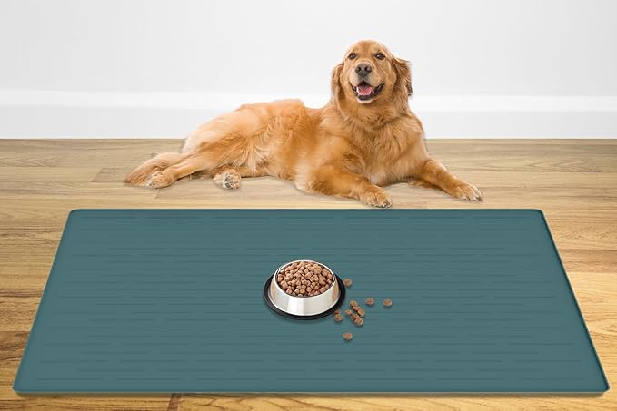 48" x 32" Largest Pet Food Mat, XXXL Silicone Dog Mats for Food and Water, Nonslip Pet Feeding Mats for Floors,Dog Cat Bowl Mat with Raised Edges, Dark Green