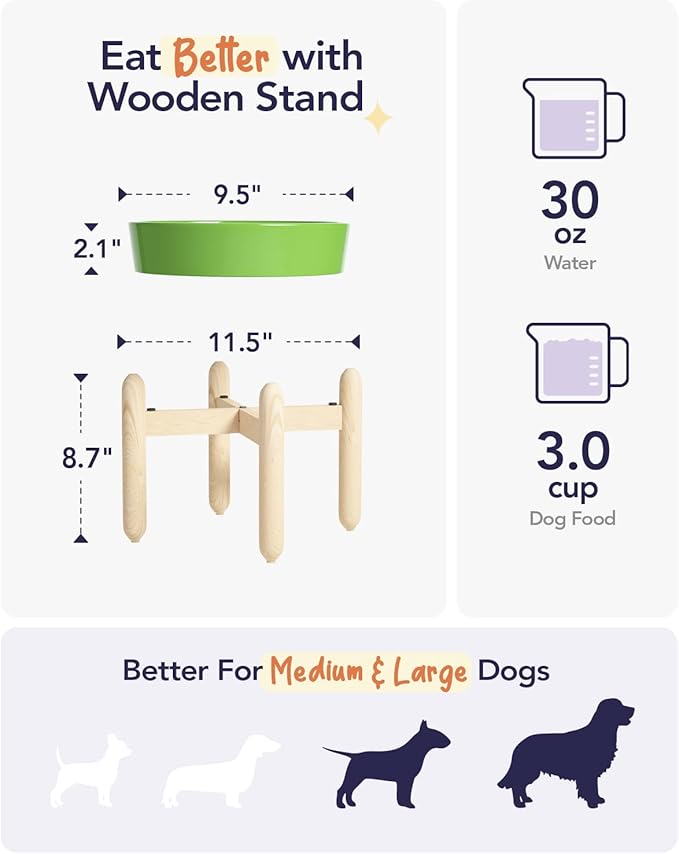 LE TAUCI Ceramic Slow Feeder Dog Bowls Elevated, 3 Cup Raised Bowl with Wooden Stand for Medium Large Breed, Slow Down Eating, Puzzle Dog Food Bowl, Clover Green