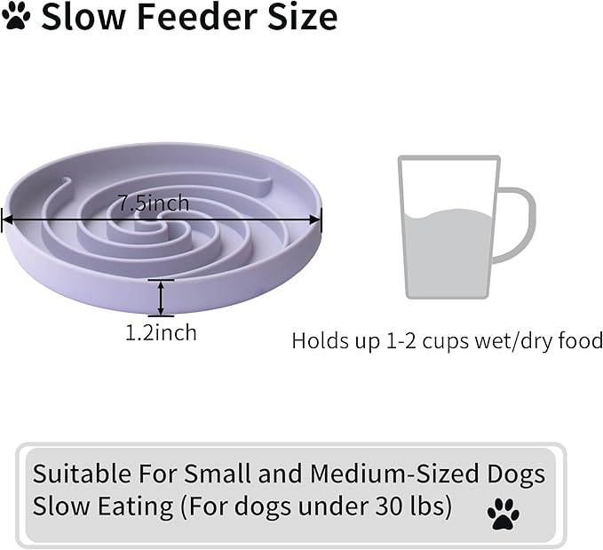 Slow Feeder Dog Bowls, Dishwasher Microwave Safe Silicone Puppy Puzzle Bowl with Non-Slip Design for Eating (White and Purple)