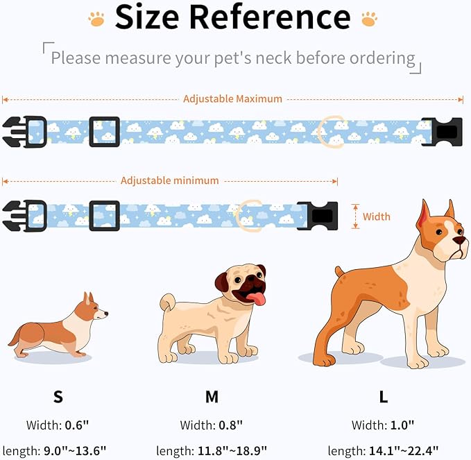Cotton Dog Collar,Adjustable Cute Puppy Collar with Moon Patterned Design for Small Medium Large Dogs,Soft and Fancy Pet Collar with Safety Buckle for Girl Boy Dogs (Blue Cloud, L)