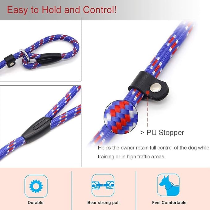 Dog Rope Leash, 5 FT Pet Slip Lead, Dog Training Leash, Standard Adjustable Pet Nylon Leash for Small Medium Dogs 10-80 lb Walking(Blue)