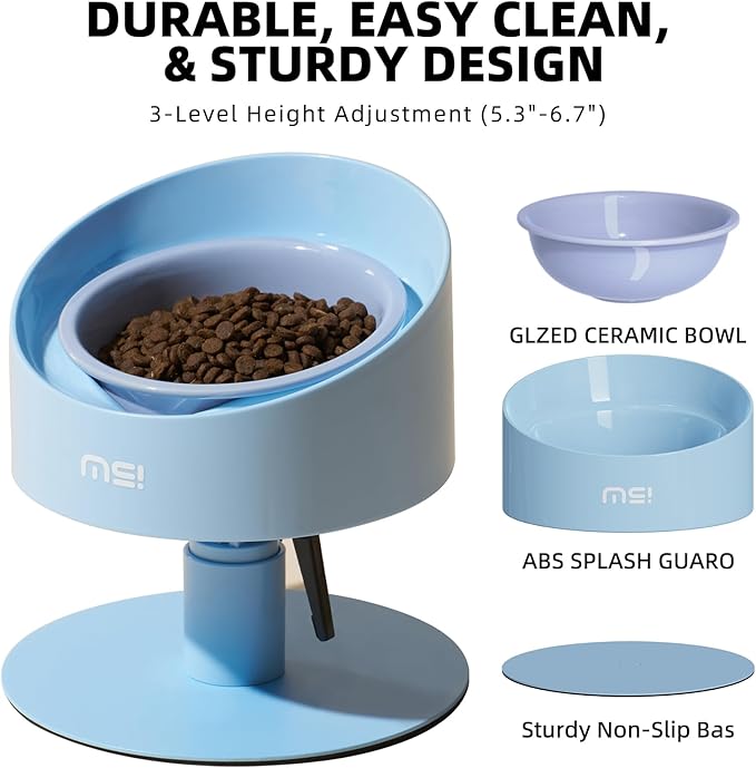 MS!MAKE SURE Adjustable Raised Cat Bowls, Ceramic Elevated Cat Bowls, Pet Bowl with Anti - Slip Rubber Pad, Leak - Proof, Lead & Cadmium Free, Whisker - Friendly, for All Life Stages of Age Blue