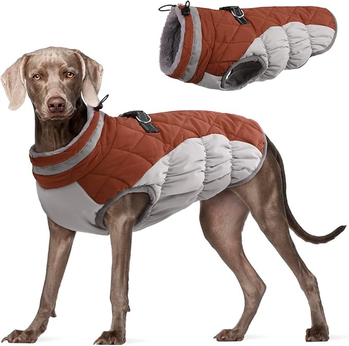 FUAMEY Dog Coat for Large Dogs,Waterproof Dog Winter Jacket with Harness Built in Puppy Cold Weather Coats Reflective Pet Vest with Zipper Warm Fleece Dogs Snowsuit Windproof Brown XL