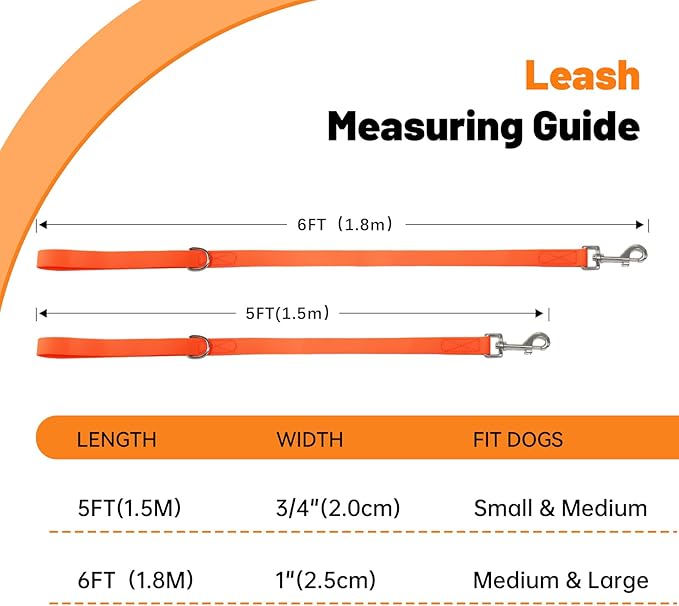 Waterproof Dog Leash, 5/6 FT Durable Odor-Proof Dog Leashes with Strong Metal Hooks Fits Small Medium or Large Dogs (Orange, 5FT - 3/4 inch Width)