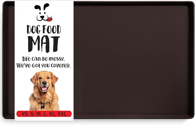 DogBuddy Dog Food Mat – Waterproof Dog Bowl Mat for Food and Water, Silicone Pet Feeding Mats for Floors, Non-Slip Placemat with High Edges for Dogs Bowls, Puppy Essentials (M: 21” x 14”, Coffee)