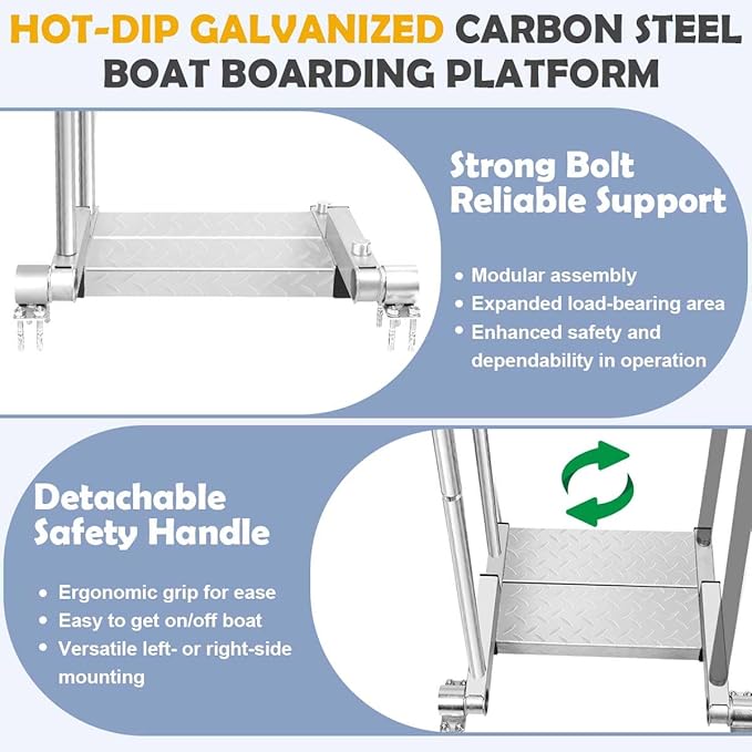 Heavy Duty Folding Boat Boarding Platform Dock Step with Safety Grab Bar - 3 mm Thick Hot Dipped Galvanized Dock to Boat Ramp Step - Dock Extension Step Ramp for Boarding on Boat Lifts, Marinas, Docks