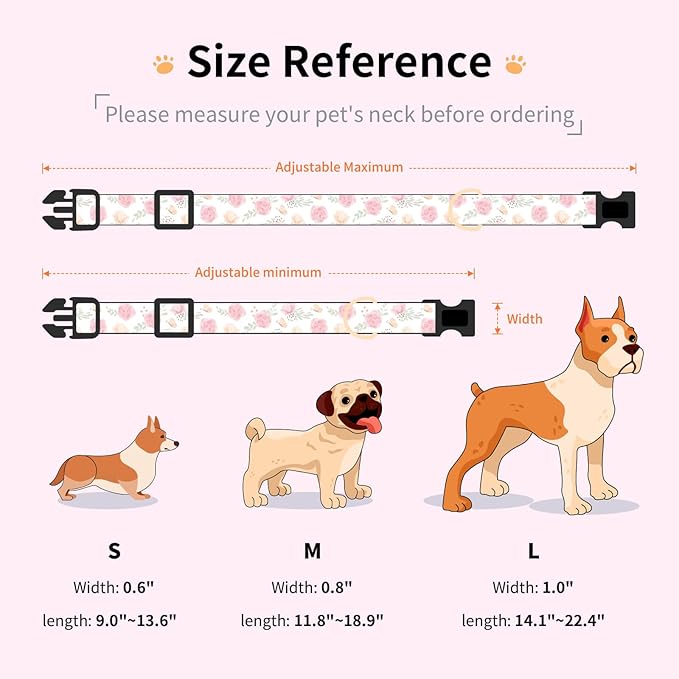 Cotton Dog Collar,Adjustable Cute Puppy Collar with Moon Patterned Design for Small Medium Large Dogs,Soft and Fancy Pet Collar with Safety Buckle for Girl Boy Dogs (Pink Flower, S)