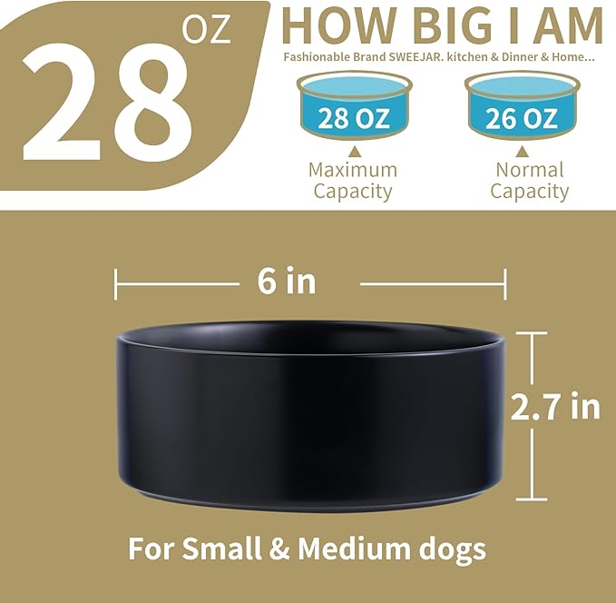 Black Raised/Elevated Ceramic Dog Bowl for Small Medium Sized Breeds,Dog Food Water Bowl with Stand,6 in Non Slip Heavy Weighted 3.6 Cups