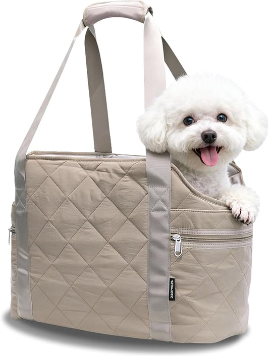 Lightweight Dog Purse Carrier for Small Dogs up to 15 lbs, Dog Tote Bag Puppy Carrier, Soft Plush Interior, Safety Leash Clip, 4 Side Pockets Dog Carrier Bag for Travel & Walking, Camel