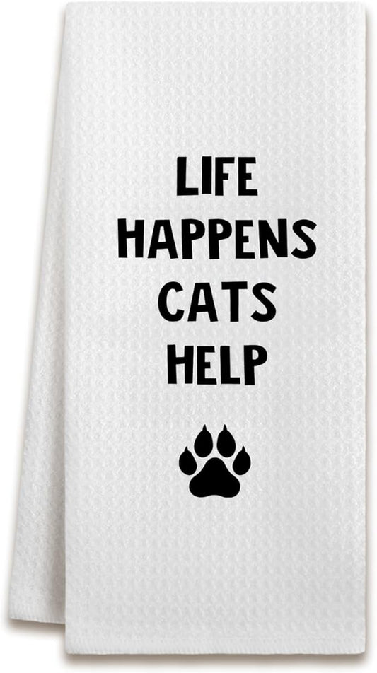 Funny Cat Kitchen Dish Towels, Cat Lovers Mom Lady Gifts, Life Happens Cats Help Decorative Hand Tea Towels for Bathroom Kitchen, 16x24 Inches