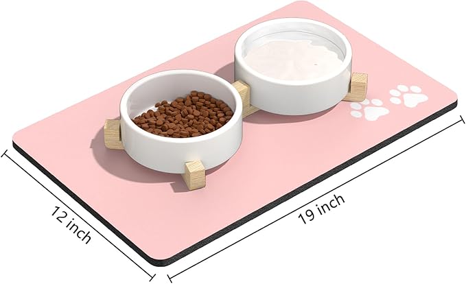 Rnivvi Dog Food Mat, 12" x 19" Footprint Absorbent Dog Cat Bowl Mat for Food and Water, Cute Anti-Slip Rubber Pet Feeding Rug Protect Floors, Puppy Placemat for Feeding & Watering Supplies, Pink