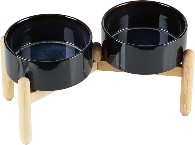 Ceramic 7.3inch Raised Double Bowls Set with Wooden Stand, Food & Water Bowls for Medium Breed Dogs, Weighted Dog Dishes, Pet Feeder(Starry Sky)
