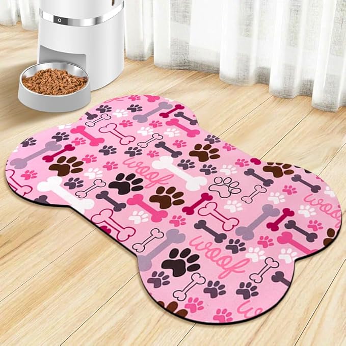Dog Food Mats for Floors Waterproof, Pet Feeding Absorbent Water Bowl Mat Cat Placemats Pink Bone Shape 25.5 * 17 inch