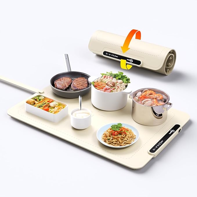 Food Warming Mat - Electric Warming Tray,Tempmaster Adjustable Warming Tray,Elevated Feet Protects Table, Roll-Up Buffet Hot Plates Heat Pad, Portable Food Warmer for Parties and Travel (Beige)
