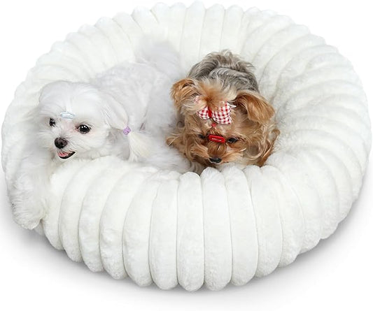 Donut Small Dog Bed Washable - Dog Beds for Small Dogs and Cats with Corduroy Fleece & Anti Slip Bottom, Calming Round Faux Fur Cute Pet Bed for Puppy Kitten, Cream, 23x23x5.5 inches