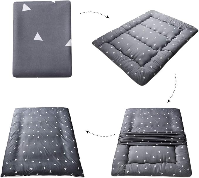 MAXYOYO Grey Triangle Japanese Floor Futon Mattress, Tatami Floor Mat Portable Camping Mattress Kids Sleeping Pad Foldable Roll Up Floor Lounger Pillow Bed Queen Size with Mattress Protector Cover